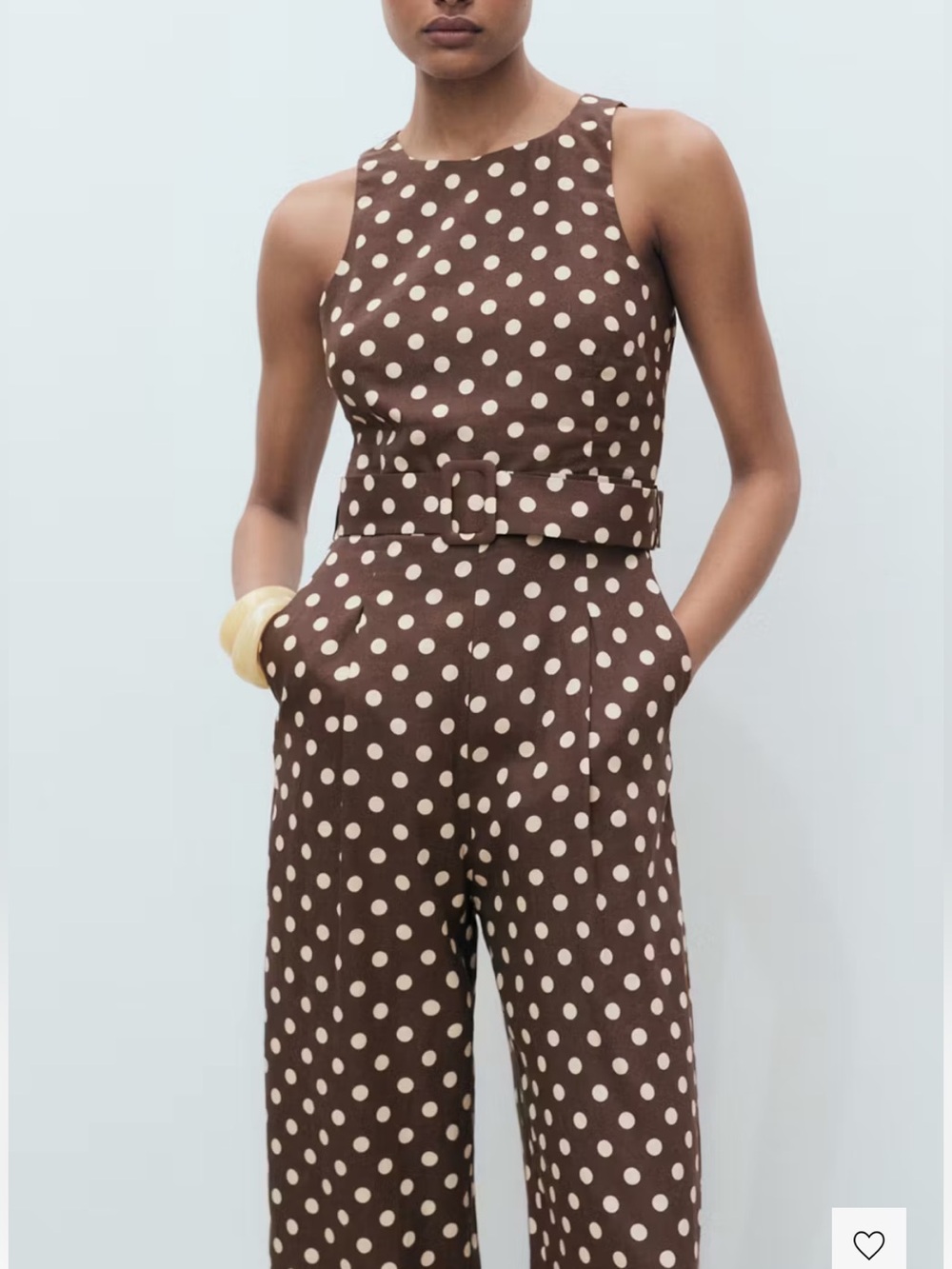 Linen Brown Polka Dot Sleeveless Belted Jumpsuit